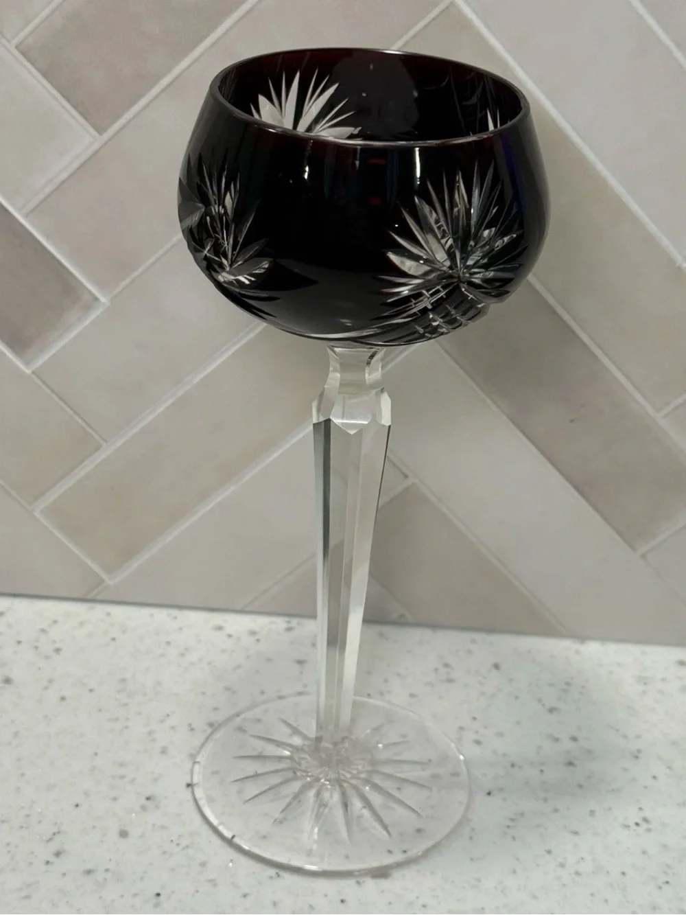 Bohemian Dark Amethyst / Red Cut to Clear Crystal Hock Wine Glass Goblet 8